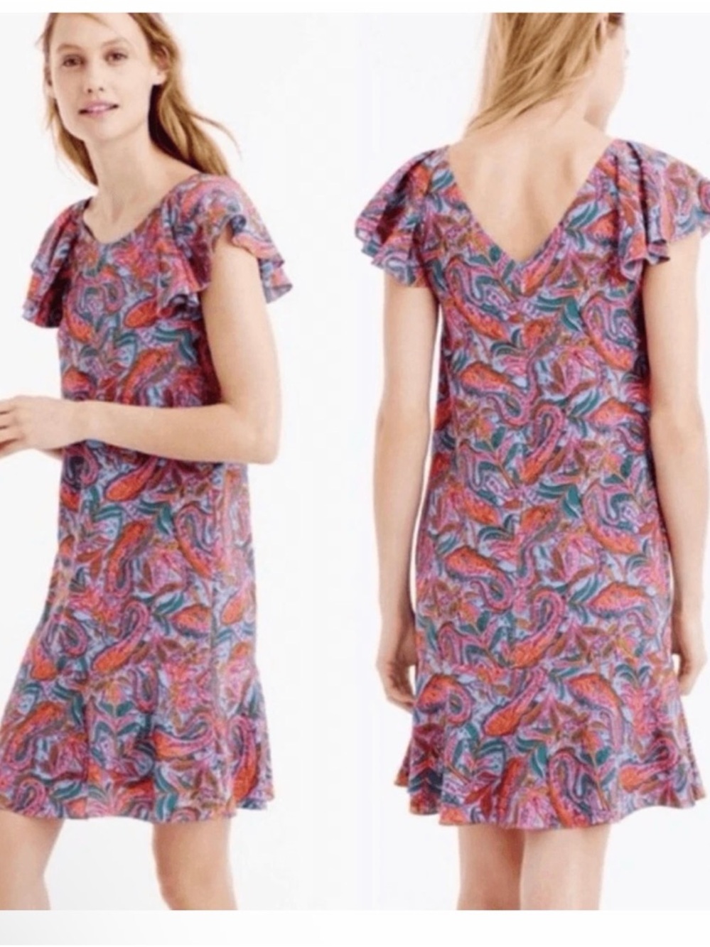 J. Crew Pink Multi Paisley Flutter-Sleeve Shift Dress